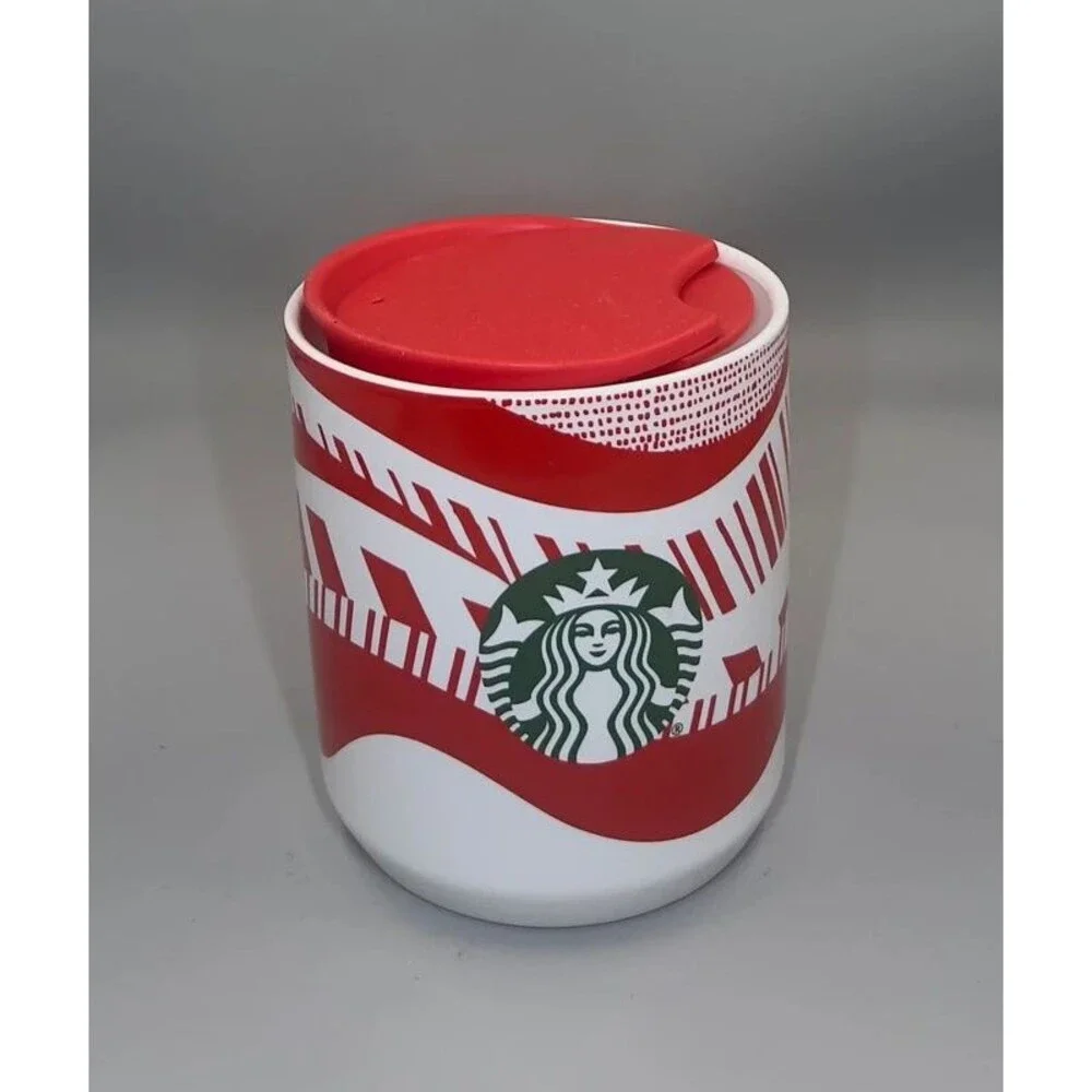 Starbucks 2021 Holiday Red White Ceramic Travel Tumbler Mug 8 oz w/ Lid